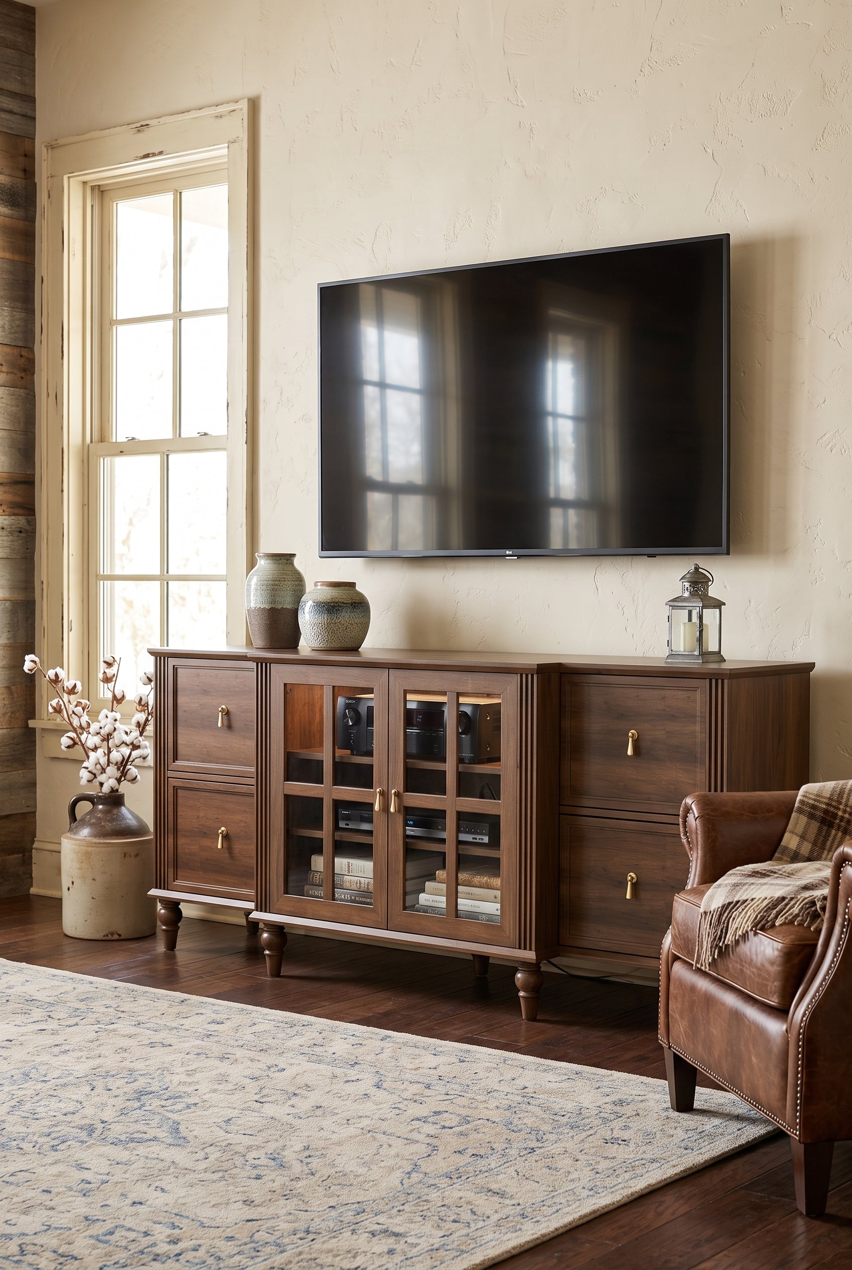 Farmhouse Wooden TV Console with Turned Legs, Fluted Side Panels, Glass Cabinet Doors & Storage Drawers, Rustic Media Entertainment Center with Adjustable Shelves for Living Room