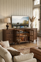 Farmhouse Wooden TV Console with Turned Legs, Fluted Side Panels, Glass Cabinet Doors & Storage Drawers, Rustic Media Entertainment Center with Adjustable Shelves for Living Room