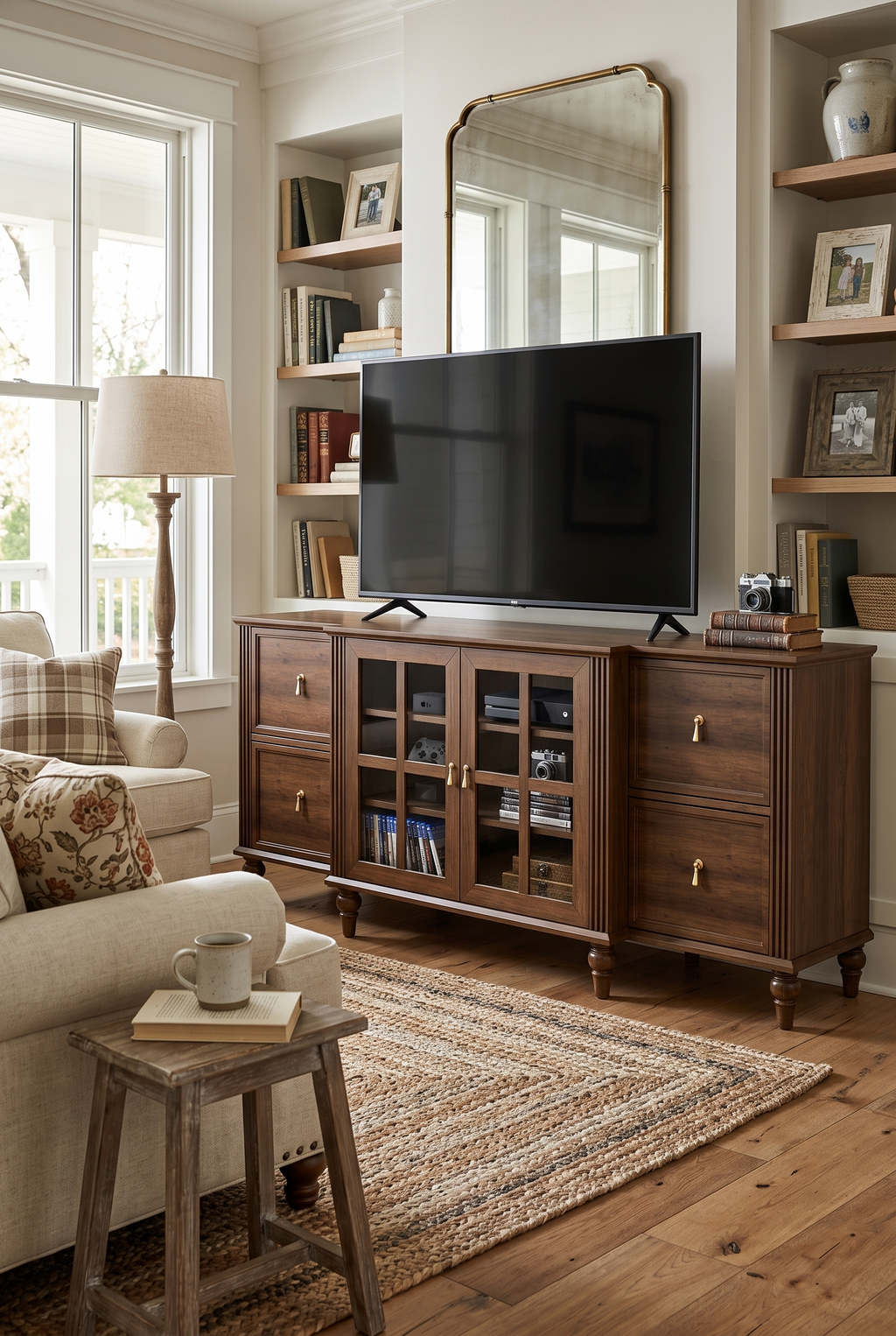 Farmhouse Wooden TV Console with Turned Legs, Fluted Side Panels, Glass Cabinet Doors & Storage Drawers, Rustic Media Entertainment Center with Adjustable Shelves for Living Room