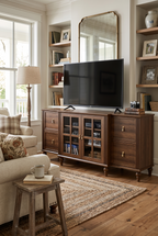 Farmhouse Wooden TV Console with Turned Legs, Fluted Side Panels, Glass Cabinet Doors & Storage Drawers, Rustic Media Entertainment Center with Adjustable Shelves for Living Room