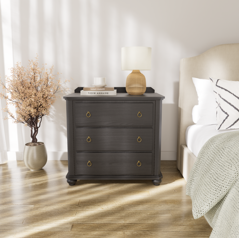 Vintage Nightstand with Backguard & Built-in Power Outlet – Three Drawers
