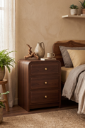 Modern Wooden Nightstand with Mid-Century Tone, Large Round Corners & Raised Round Platform Drawer Fronts, 3 Drawers and Charging Outlet, Fits Any Home Style