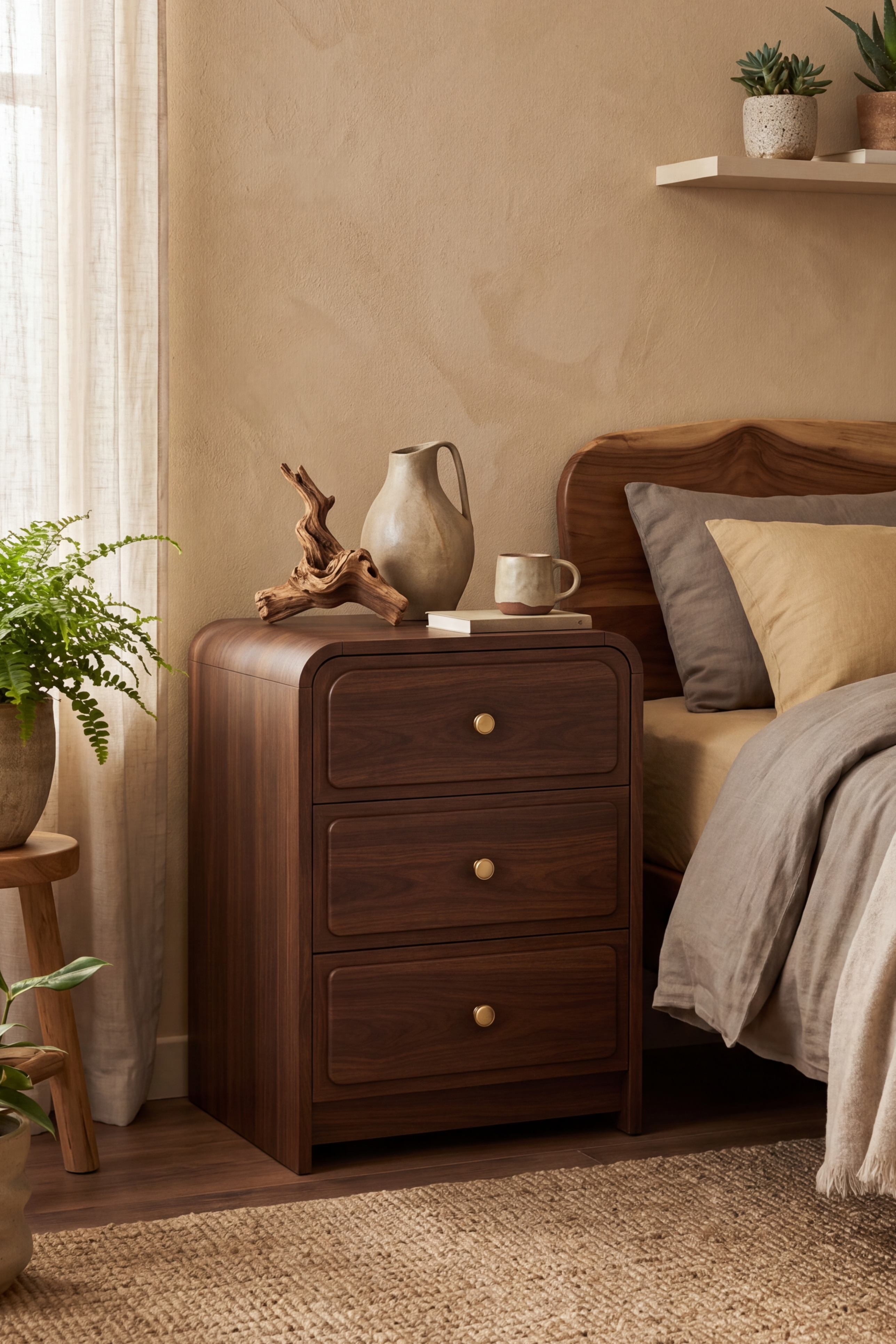 Modern Wooden Nightstand with Mid-Century Tone, Large Round Corners & Raised Round Platform Drawer Fronts, 3 Drawers and Charging Outlet, Fits Any Home Style
