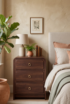 Modern Wooden Nightstand with Mid-Century Tone, Large Round Corners & Raised Round Platform Drawer Fronts, 3 Drawers and Charging Outlet, Fits Any Home Style