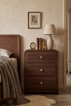 Modern Wooden Nightstand with Mid-Century Tone, Large Round Corners & Raised Round Platform Drawer Fronts, 3 Drawers and Charging Outlet, Fits Any Home Style