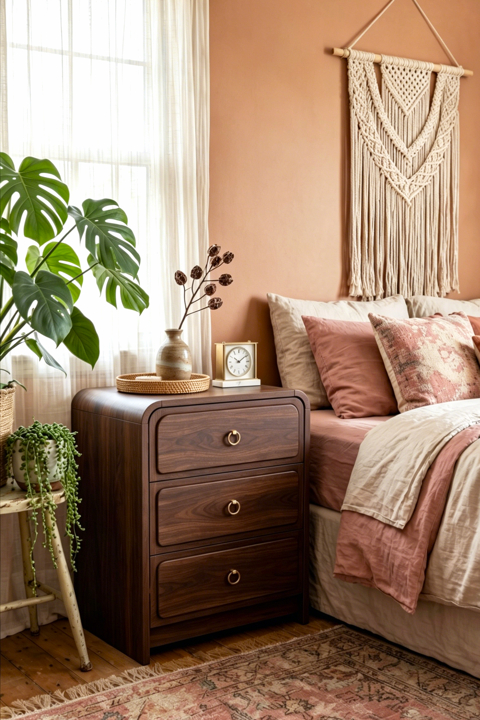 Modern Wooden Nightstand with Mid-Century Tone, Large Round Corners & Raised Round Platform Drawer Fronts, 3 Drawers and Charging Outlet, Fits Any Home Style