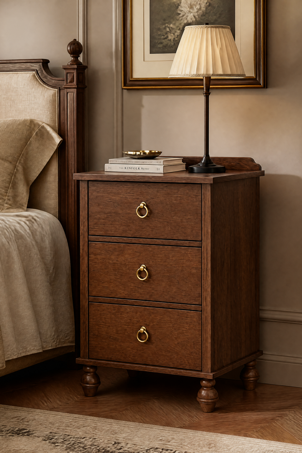 Vintage Wooden Nightstand with Mid-Century Tone, Solid Wood Turned Legs & Gallery Rail, Gold Ring Pulls, 3 Drawers and Charging Outlet, Fits Any Home Style