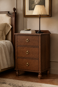 Vintage Wooden Nightstand with Mid-Century Tone, Solid Wood Turned Legs & Gallery Rail, Gold Ring Pulls, 3 Drawers and Charging Outlet, Fits Any Home Style
