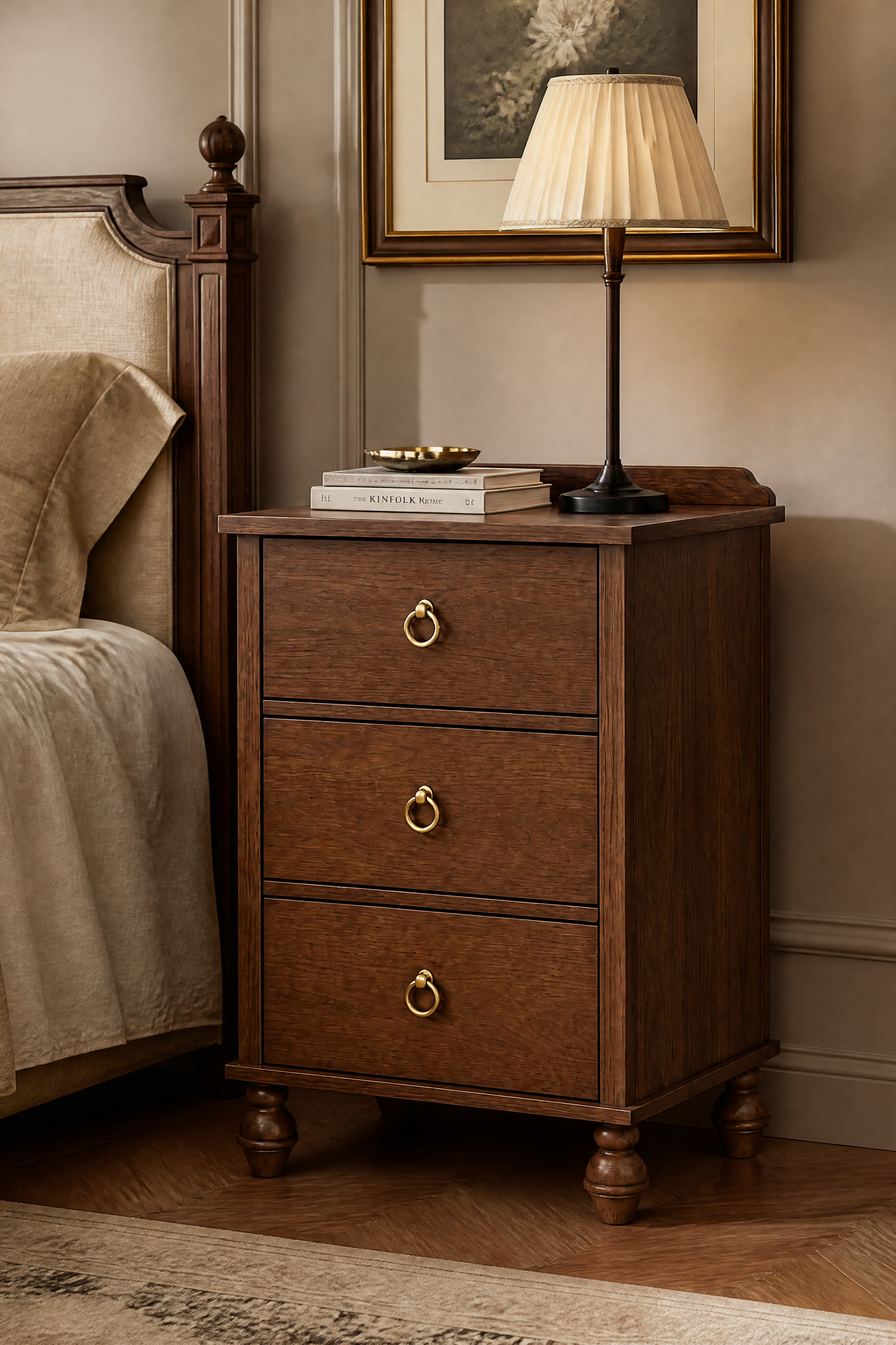 Vintage Wooden Nightstand with Mid-Century Tone, Solid Wood Turned Legs & Gallery Rail, Gold Ring Pulls, 3 Drawers and Charging Outlet, Fits Any Home Style