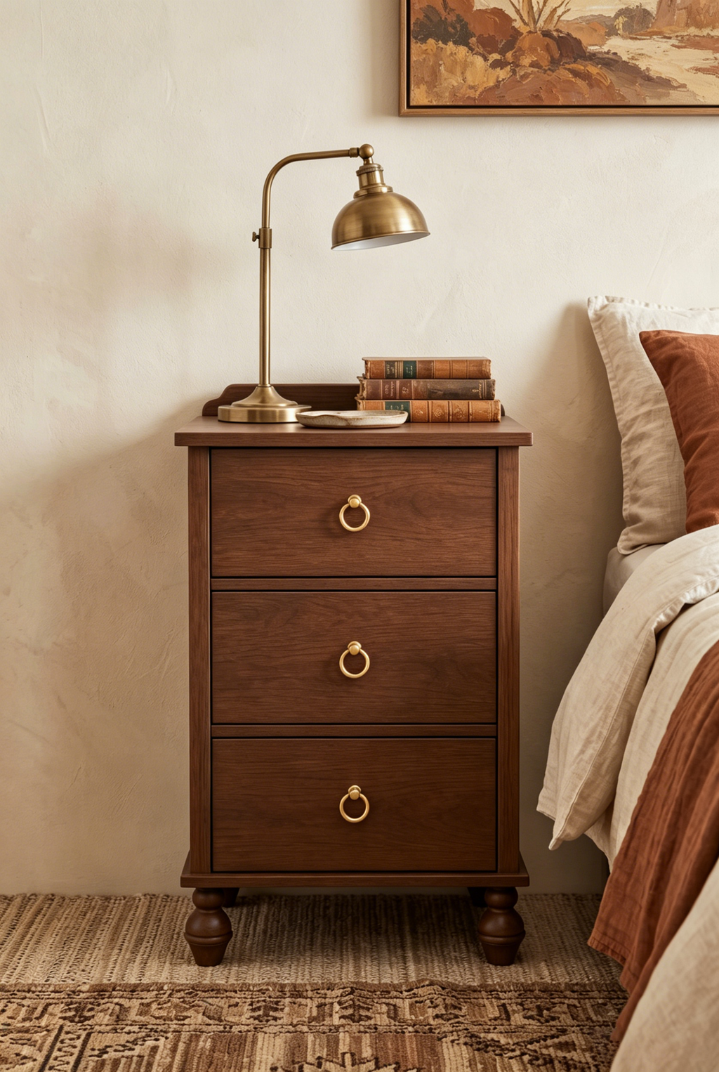 Vintage Wooden Nightstand with Mid-Century Tone, Solid Wood Turned Legs & Gallery Rail, Gold Ring Pulls, 3 Drawers and Charging Outlet, Fits Any Home Style