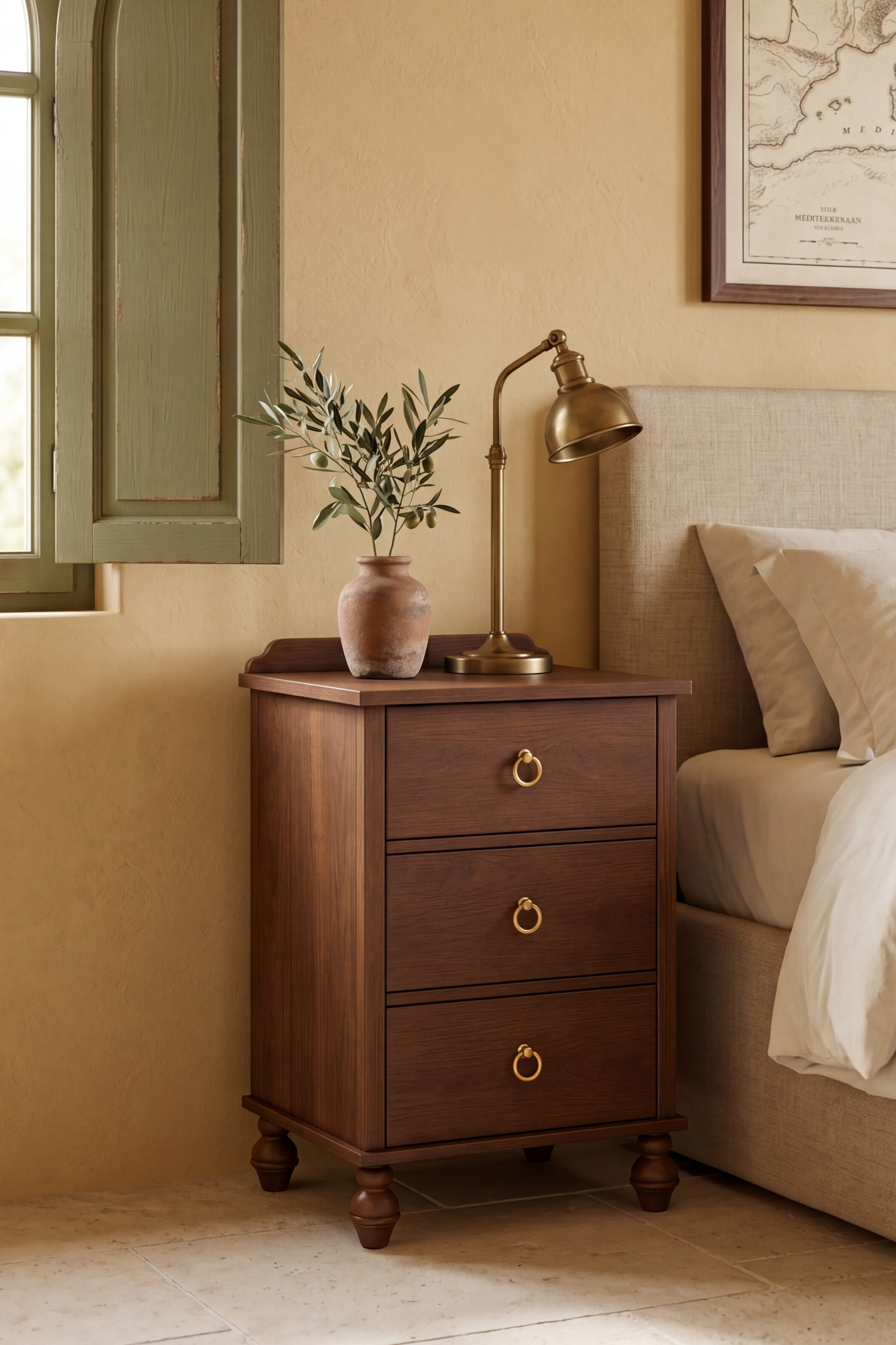Vintage Wooden Nightstand with Mid-Century Tone, Solid Wood Turned Legs & Gallery Rail, Gold Ring Pulls, 3 Drawers and Charging Outlet, Fits Any Home Style