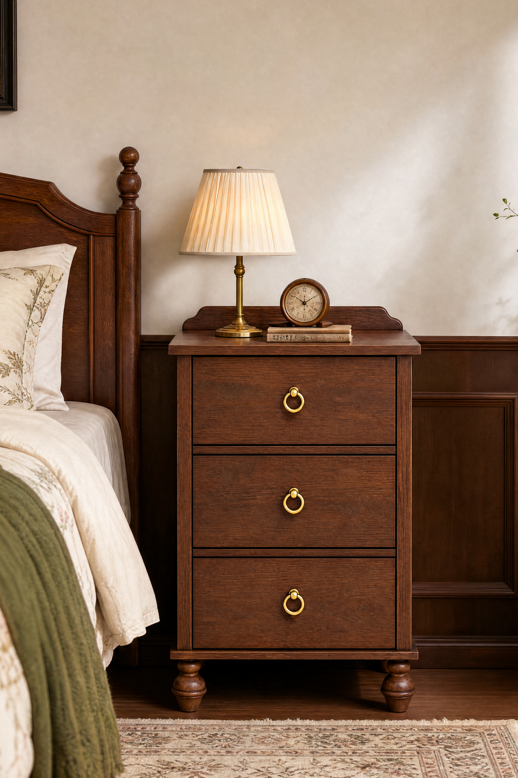 Vintage Wooden Nightstand with Mid-Century Tone, Solid Wood Turned Legs & Gallery Rail, Gold Ring Pulls, 3 Drawers and Charging Outlet, Fits Any Home Style