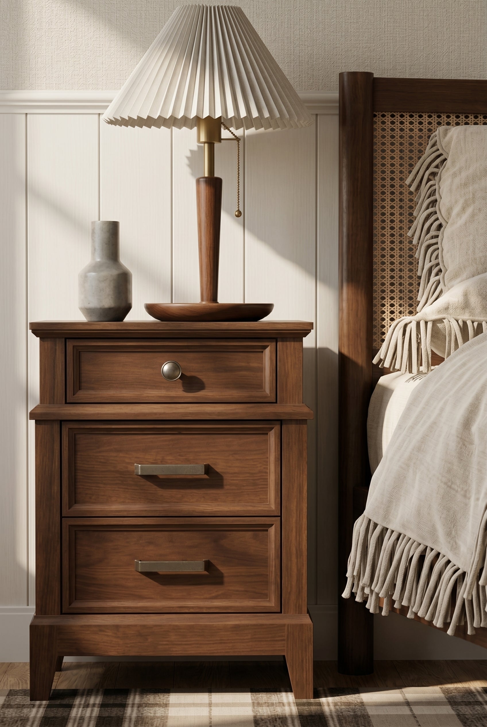 Vintage Tiered 3-Drawer Wooden Nightstand | Traditional Bedside Cabinet with Mixed Hardware & Distressed Finish