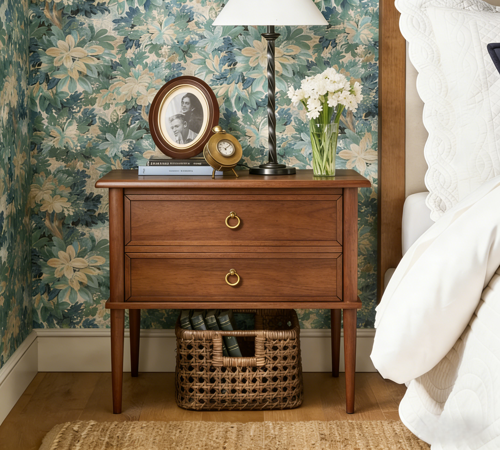 Vintage Wooden Nightstand with Raised Legs – Two Drawers & Hidden Charging Station