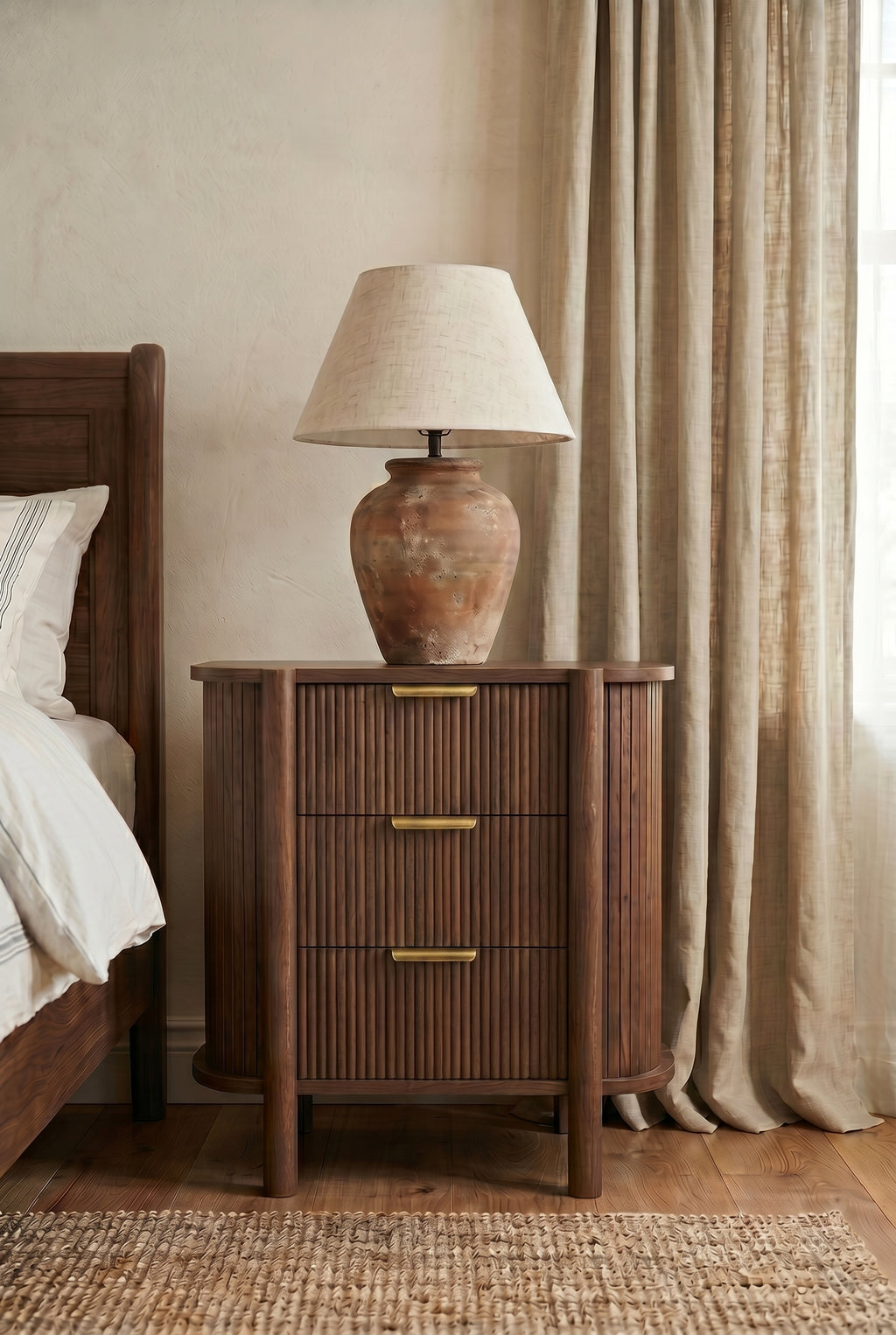 Fluted 3-Drawer Wooden Nightstand | Curved Bedside Cabinet with Horizontal Brass Pulls