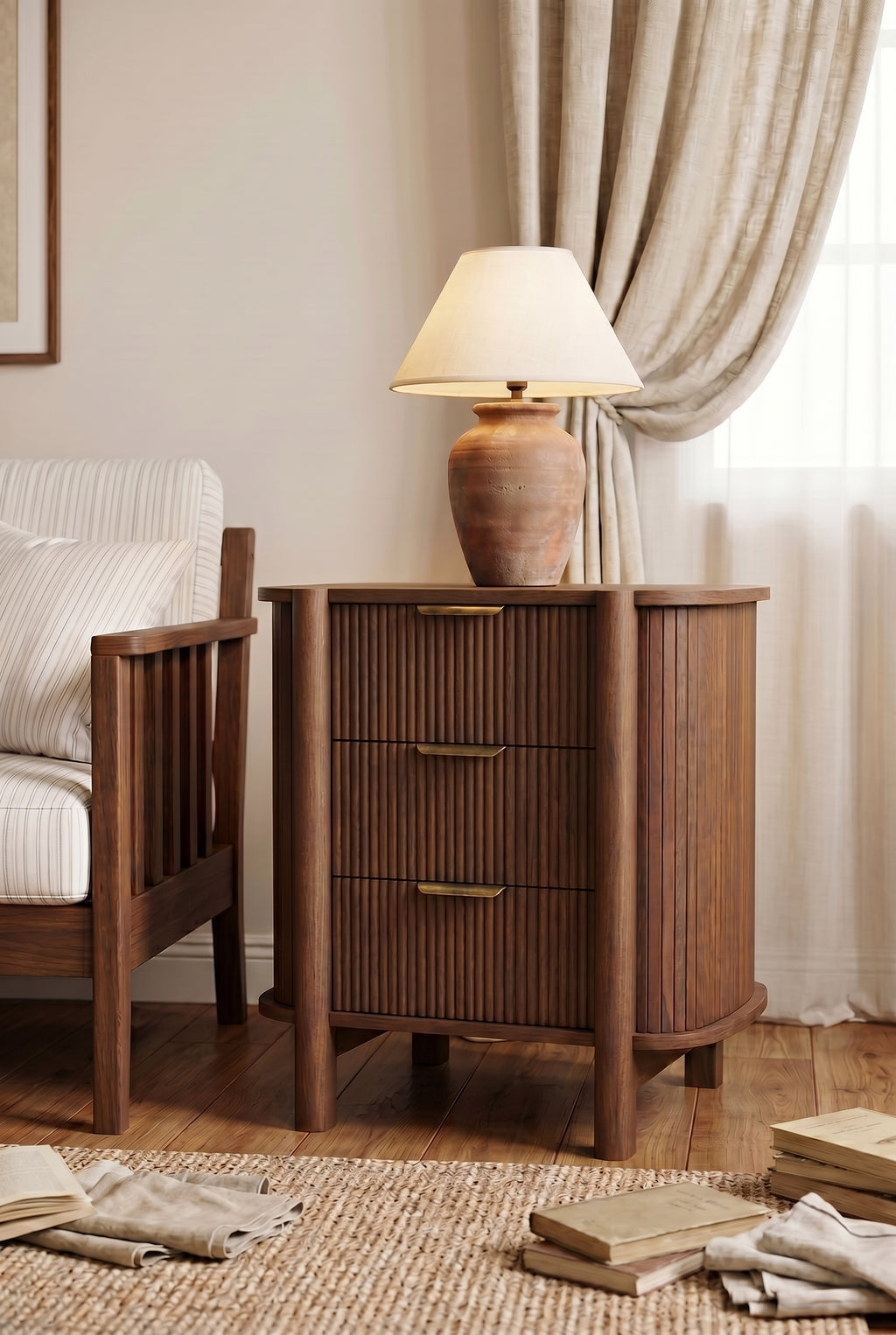 Fluted 3-Drawer Wooden Nightstand | Curved Bedside Cabinet with Horizontal Brass Pulls