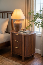 Fluted 3-Drawer Wooden Nightstand | Curved Bedside Cabinet with Horizontal Brass Pulls