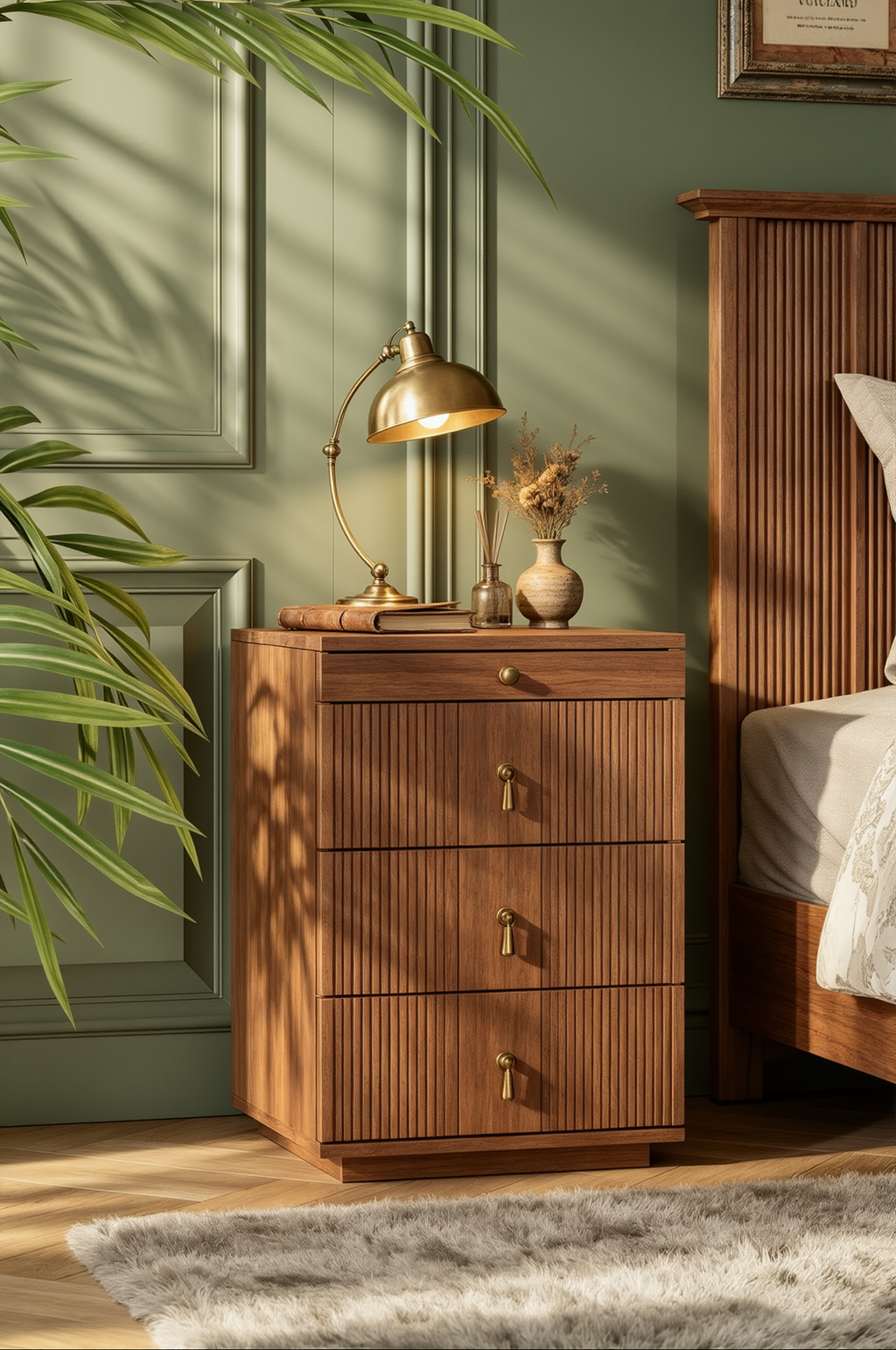 Modern Fluted 4-Drawer Wooden Nightstand | Vintage Style Storage Cabinet for Bedroom, Solid Wood Veneer