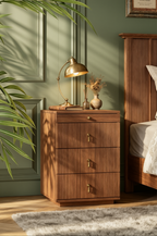 Modern Fluted 4-Drawer Wooden Nightstand | Vintage Style Storage Cabinet for Bedroom, Solid Wood Veneer