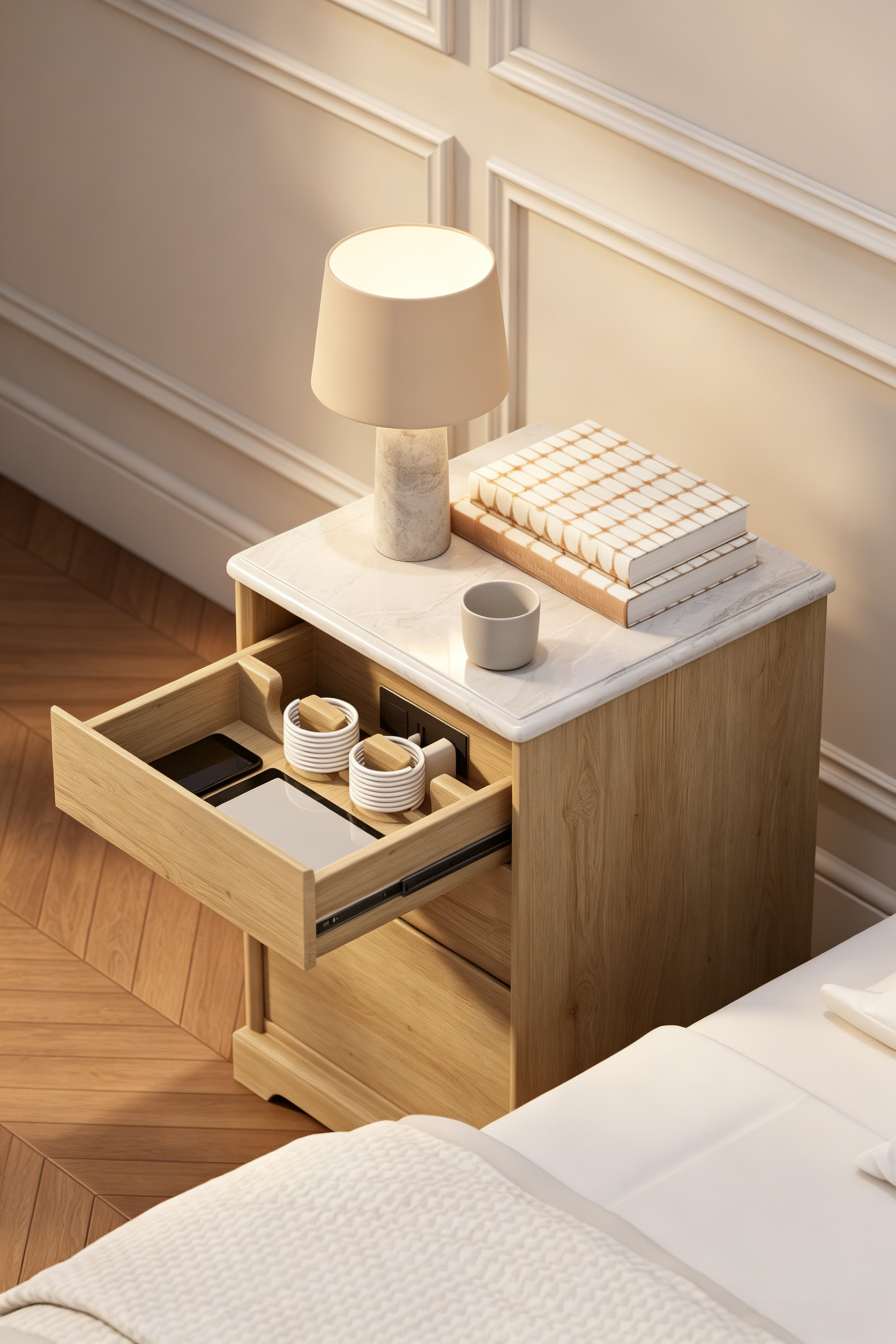 Wooden three-drawer bedside table
