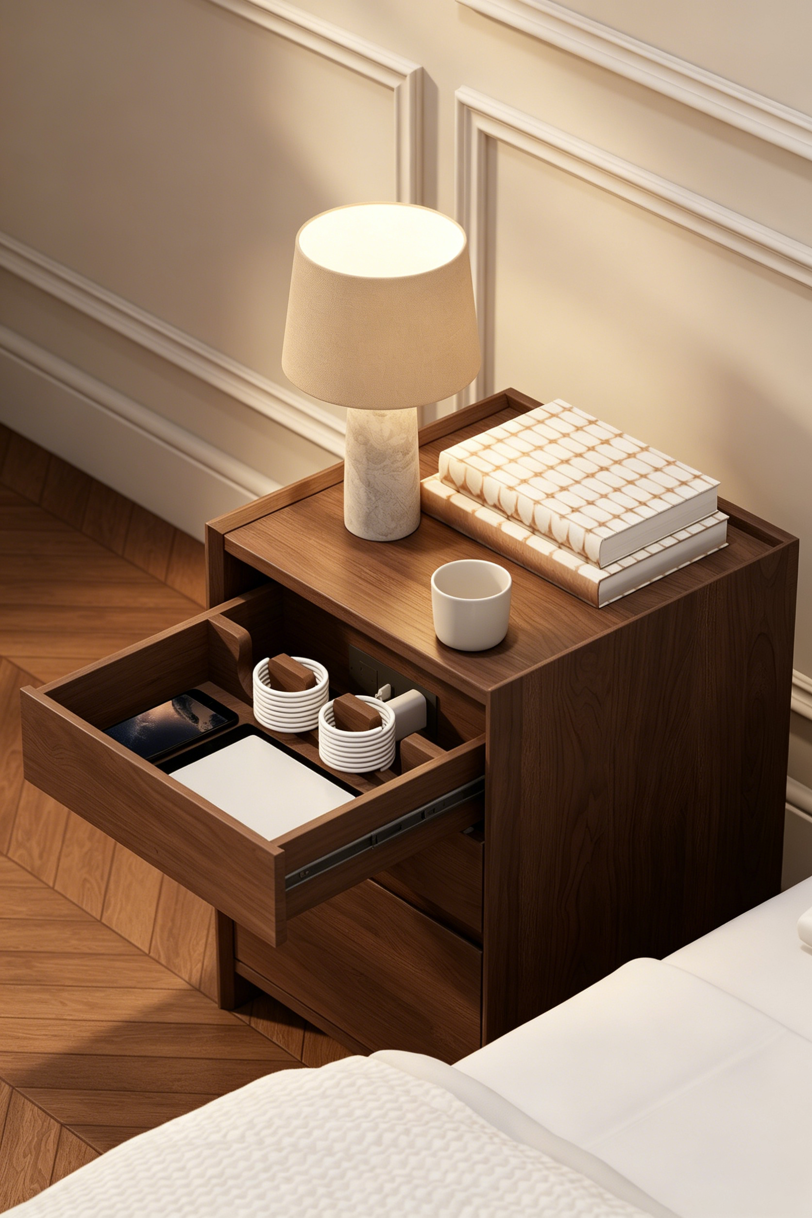 Wooden three-drawer bedside table