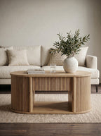 Single Fluted Drawer Oval Coffee Table | Light Natural Wood Curved Ribbed Storage Center Table for Living Room