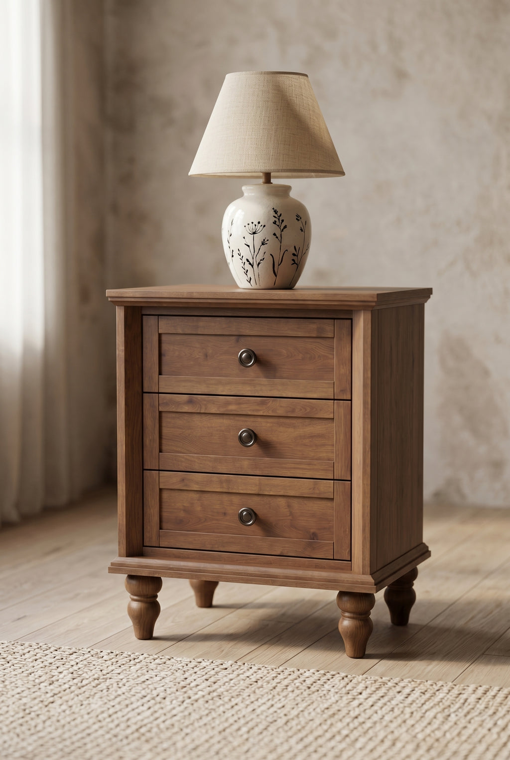 Traditional 3-Drawer Wooden Nightstand | Farmhouse Bedside Cabinet with Turned Bun Legs & Round Knobs