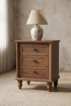 Traditional 3-Drawer Wooden Nightstand | Farmhouse Bedside Cabinet with Turned Bun Legs & Round Knobs