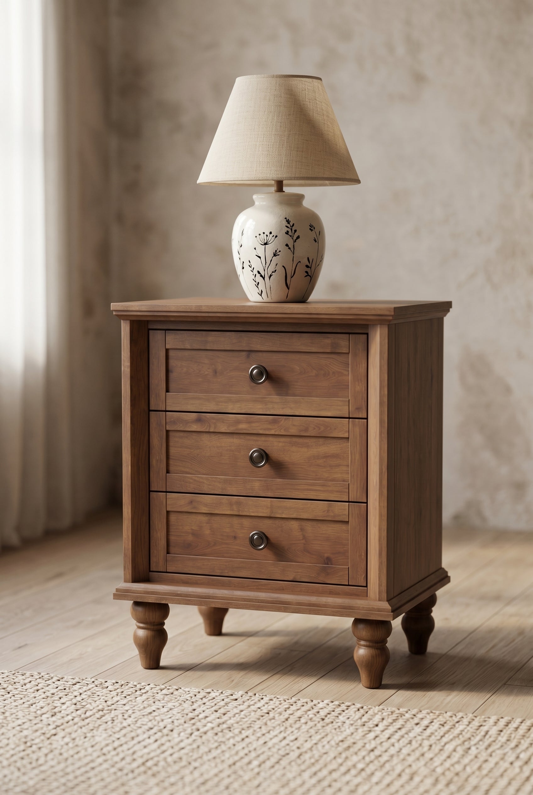 Traditional 3-Drawer Wooden Nightstand | Farmhouse Bedside Cabinet with Turned Bun Legs & Round Knobs