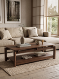 Rectangular Wooden Coffee Table with Lower Storage Shelf, Minimalist Low Profile Tea Table, Wabi-Sabi Solid Wood Look Cocktail Table for Living Room, Apartment