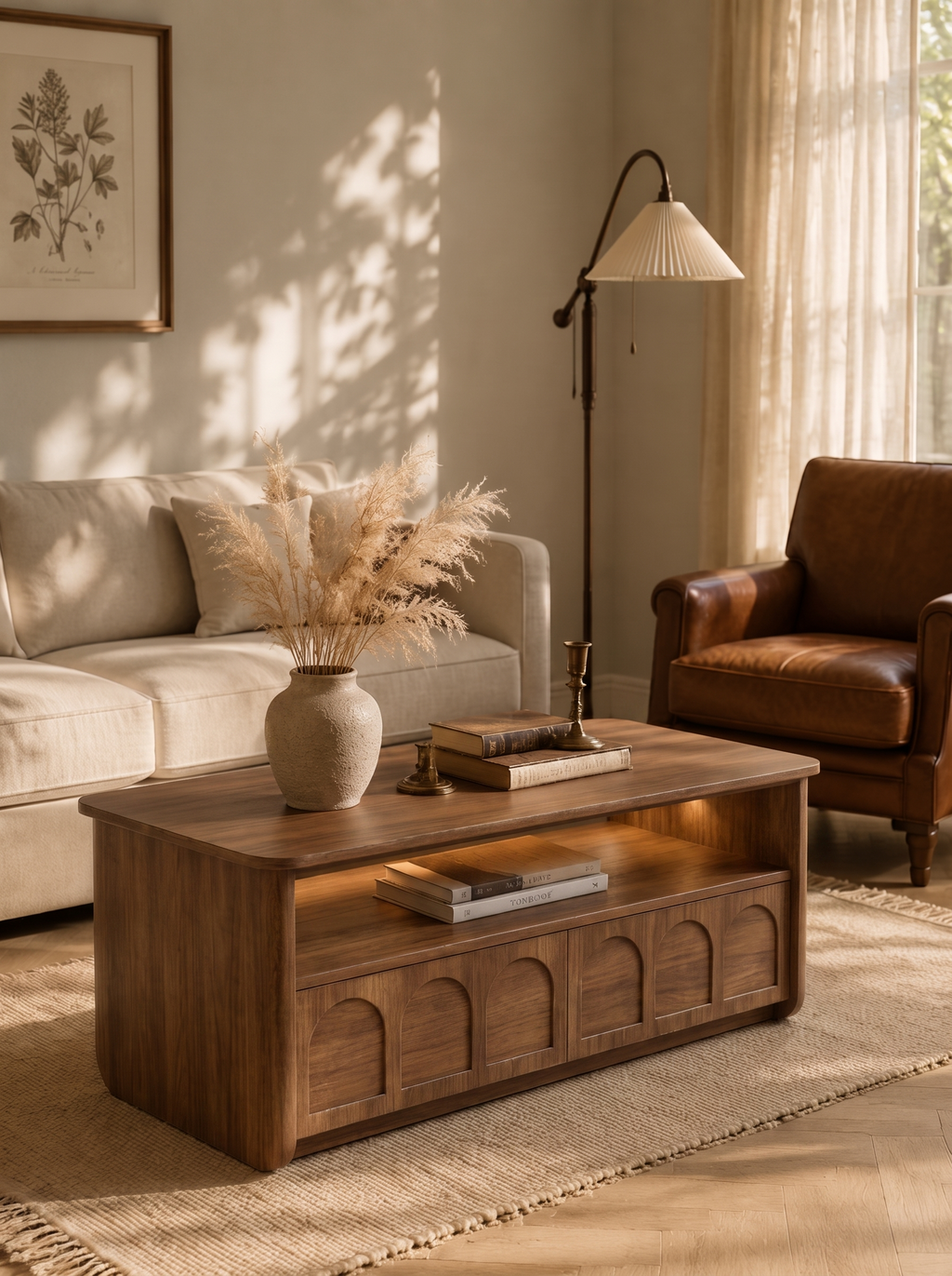 Arched Recessed Panel Wooden Coffee Table, Rectangular 2-Drawer Storage Cocktail Table with Open Upper Shelf, Minimal Vintage Center Table for Living Room