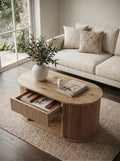 Single Fluted Drawer Oval Coffee Table | Light Natural Wood Curved Ribbed Storage Center Table for Living Room