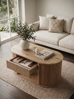 Single Fluted Drawer Oval Coffee Table | Light Natural Wood Curved Ribbed Storage Center Table for Living Room