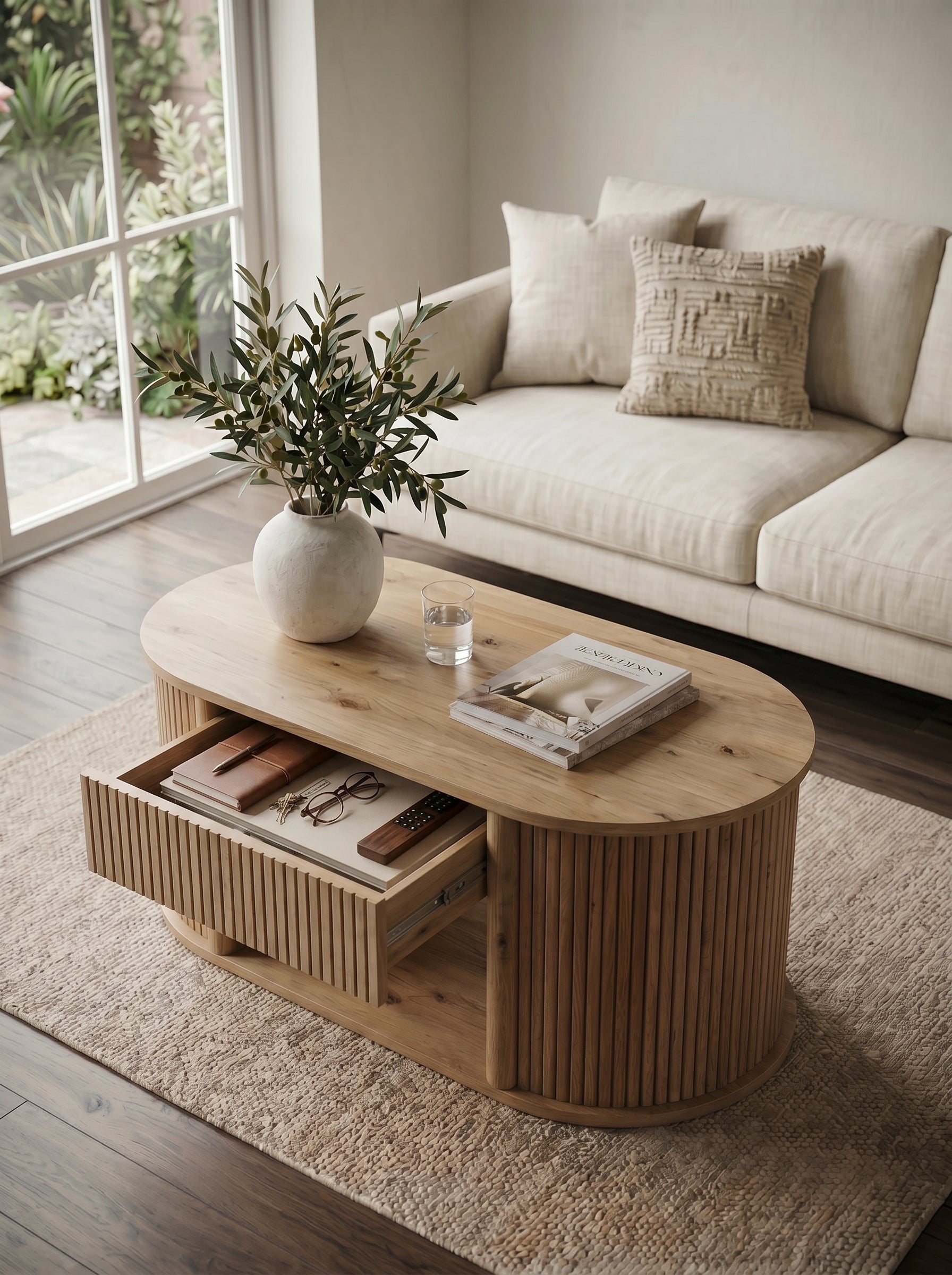 Single Fluted Drawer Oval Coffee Table | Light Natural Wood Curved Ribbed Storage Center Table for Living Room