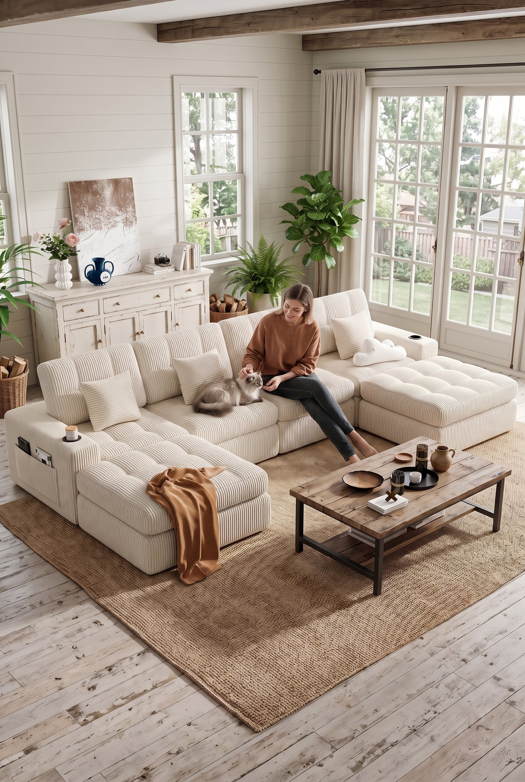 Convertible Modular Sectional Sofa, 113" L-Shape & 143" U-Shape Cloud Boneless Couch with Ottoman, Layered Cushion Reconfigurable Modular Couch for Living Room