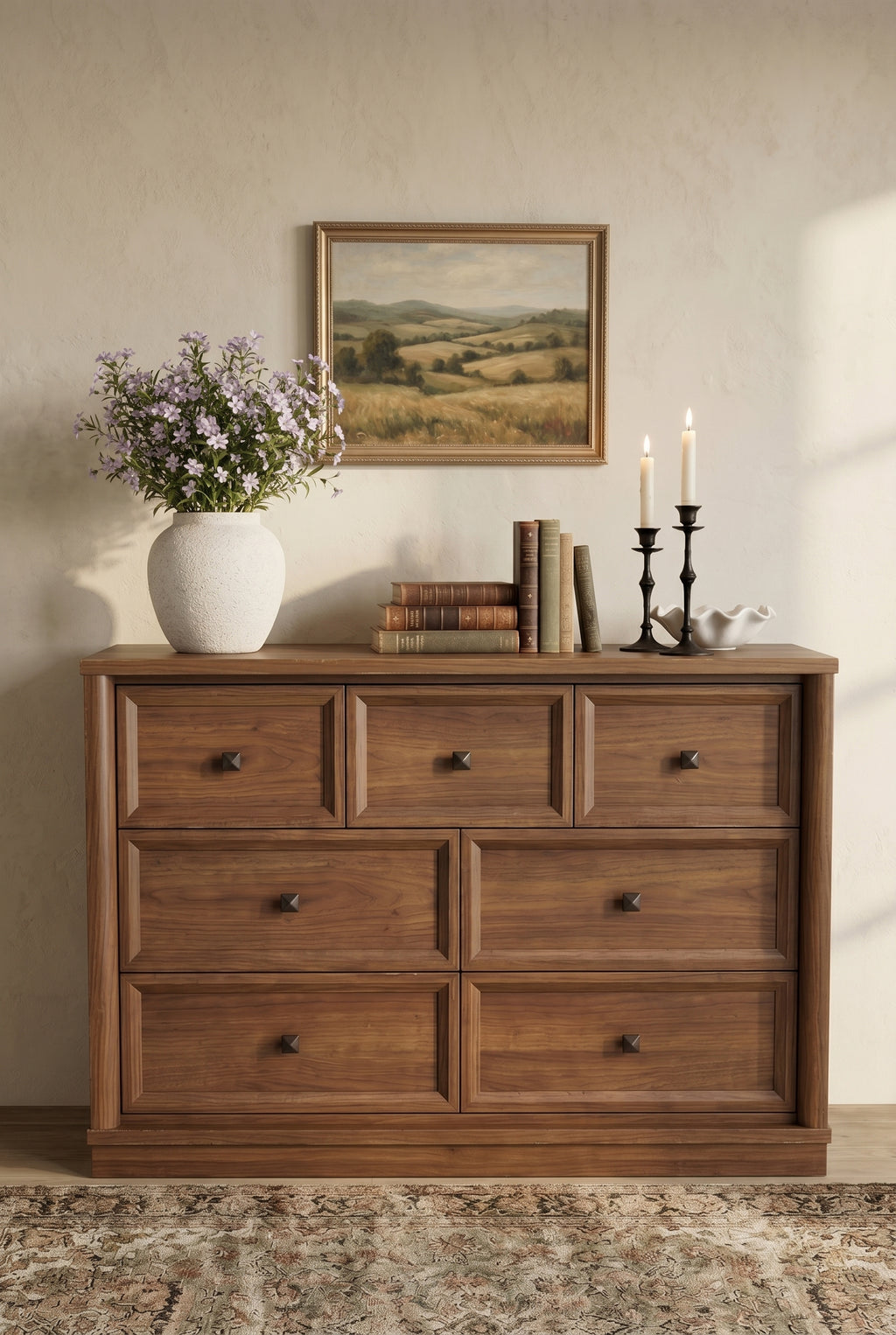 7-Drawer Wooden Dresser | Recessed Panel Wide Storage Chest with Square Metal Knobs for Bedroom