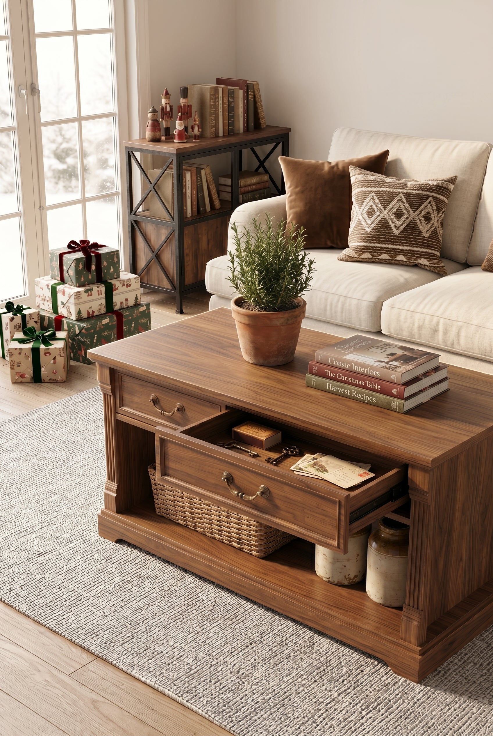 2-Drawer Fluted Column Wooden Coffee Table | Rustic Farmhouse Rectangular Center Table with Open Bottom Storage Shelf