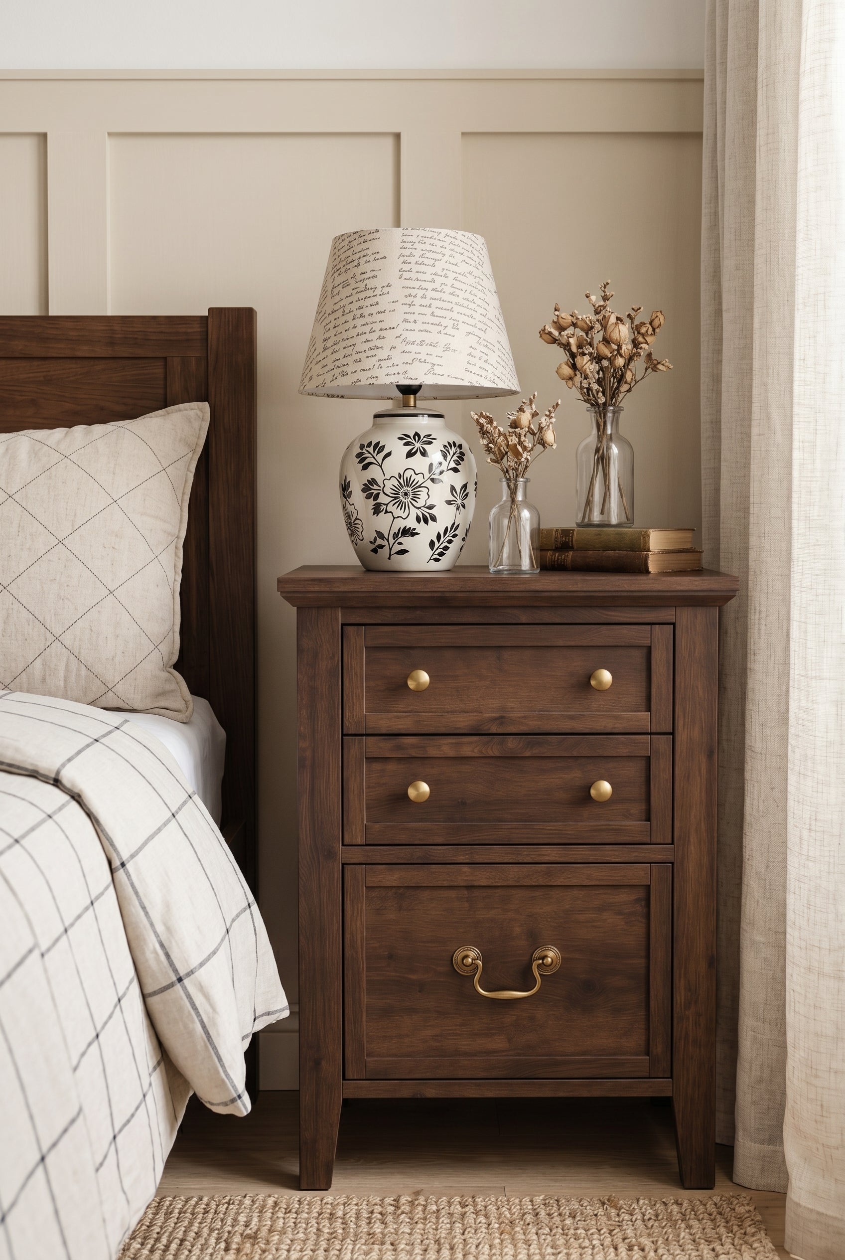 3-Drawer Traditional Wooden Nightstand | Farmhouse Bedside Cabinet with Mixed Brass Hardware
