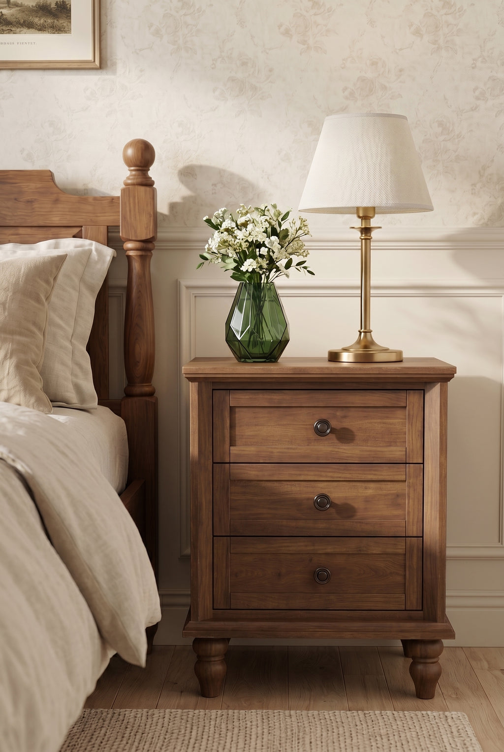 Traditional 3-Drawer Wooden Nightstand | Farmhouse Bedside Cabinet with Turned Bun Legs & Round Knobs
