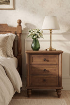 Traditional 3-Drawer Wooden Nightstand | Farmhouse Bedside Cabinet with Turned Bun Legs & Round Knobs