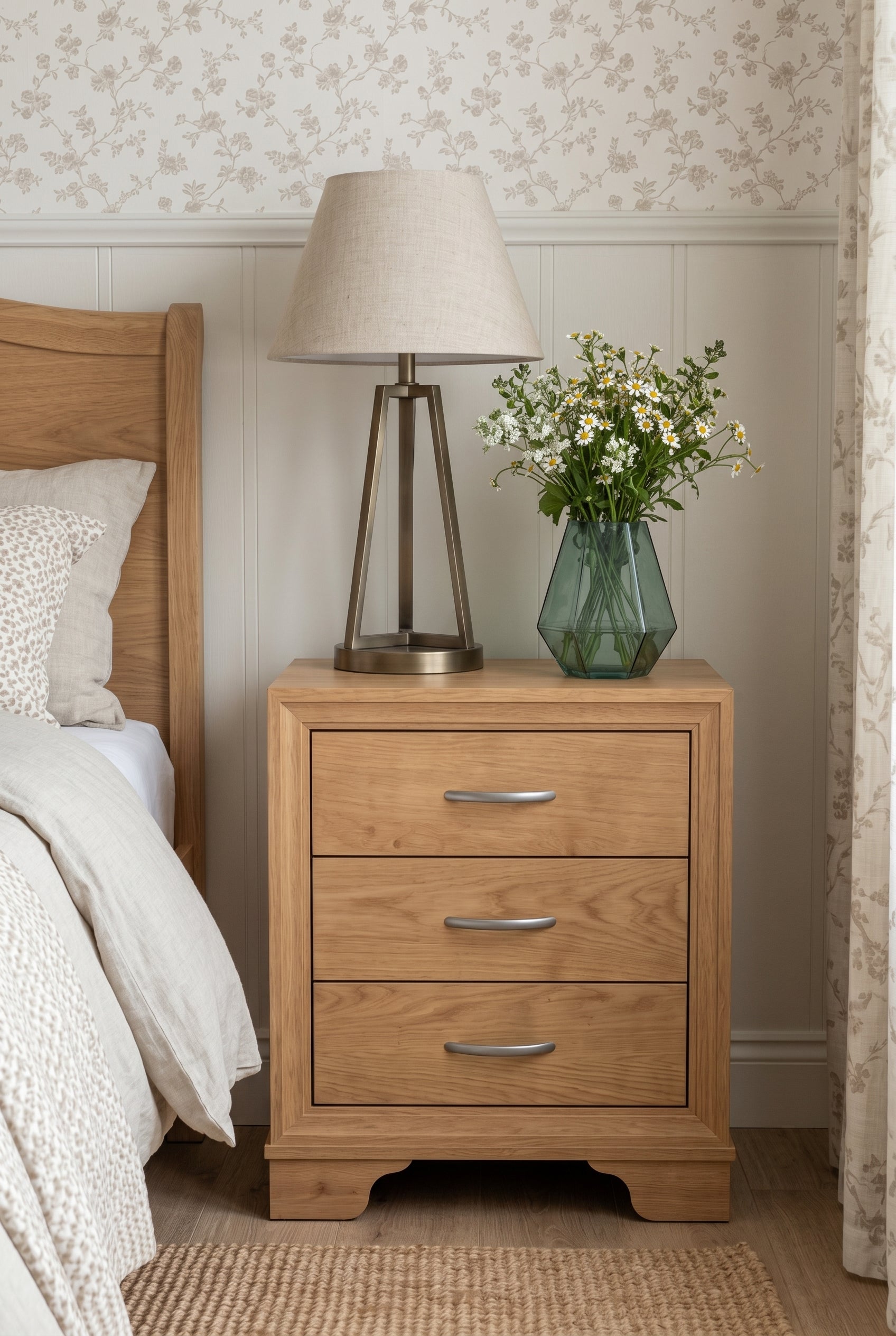 3-Drawer Wooden Nightstand | Simple Recessed Frame Bedside Cabinet with Horizontal Bar Pulls