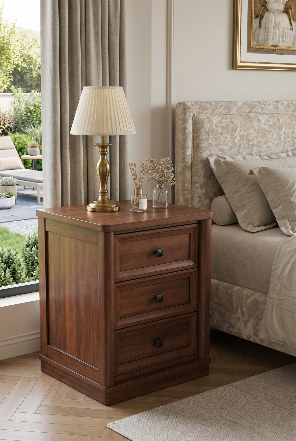 Traditional 3-Drawer Wooden Nightstand | Recessed Panel Bedside Cabinet with Square Knobs
