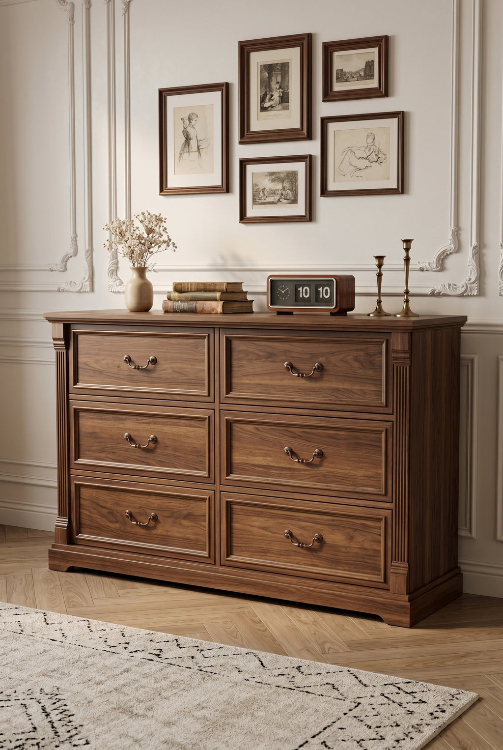 6-Drawer Traditional Wooden Dresser | Fluted Column Wide Storage Chest with Recessed Panel & Curved Metal Pulls