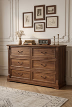 6-Drawer Traditional Wooden Dresser | Fluted Column Wide Storage Chest with Recessed Panel & Curved Metal Pulls