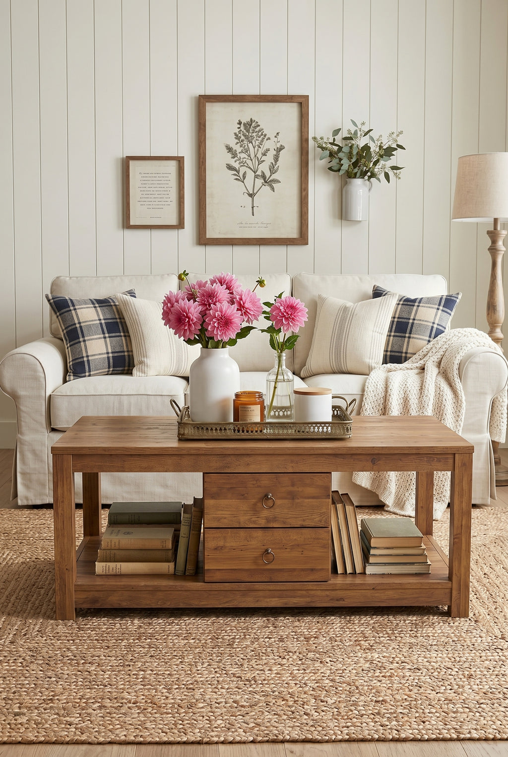 2-Drawer Rustic Wooden Coffee Table | Farmhouse Rectangular Center Table with Full Open Storage Bottom Shelf & Round Metal Pulls