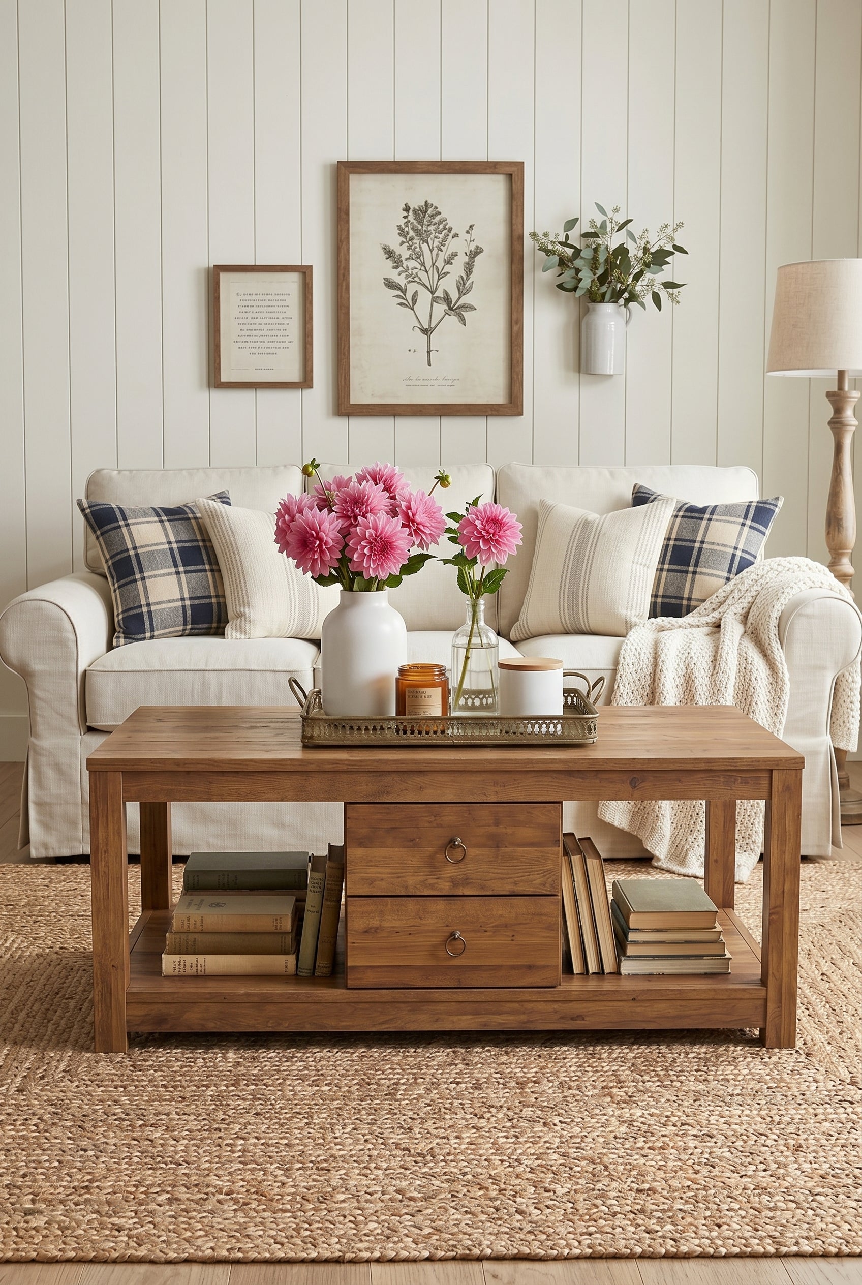 2-Drawer Rustic Wooden Coffee Table | Farmhouse Rectangular Center Table with Full Open Storage Bottom Shelf & Round Metal Pulls