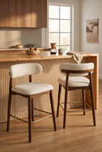 Set of 2 Solid Wood 26" Counter Height Bar Stools, Mid Century Modern Bar Stools with Chenille Upholstered Backrest & Brass-Toned Metal Footrest for Kitchen Island