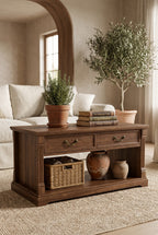 2-Drawer Fluted Column Wooden Coffee Table | Rustic Farmhouse Rectangular Center Table with Open Bottom Storage Shelf