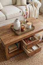 2-Drawer Rustic Wooden Coffee Table | Farmhouse Rectangular Center Table with Full Open Storage Bottom Shelf & Round Metal Pulls