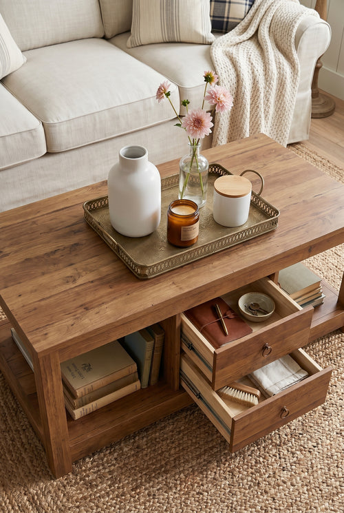 2-Drawer Rustic Wooden Coffee Table | Farmhouse Rectangular Center Table with Full Open Storage Bottom Shelf & Round Metal Pulls